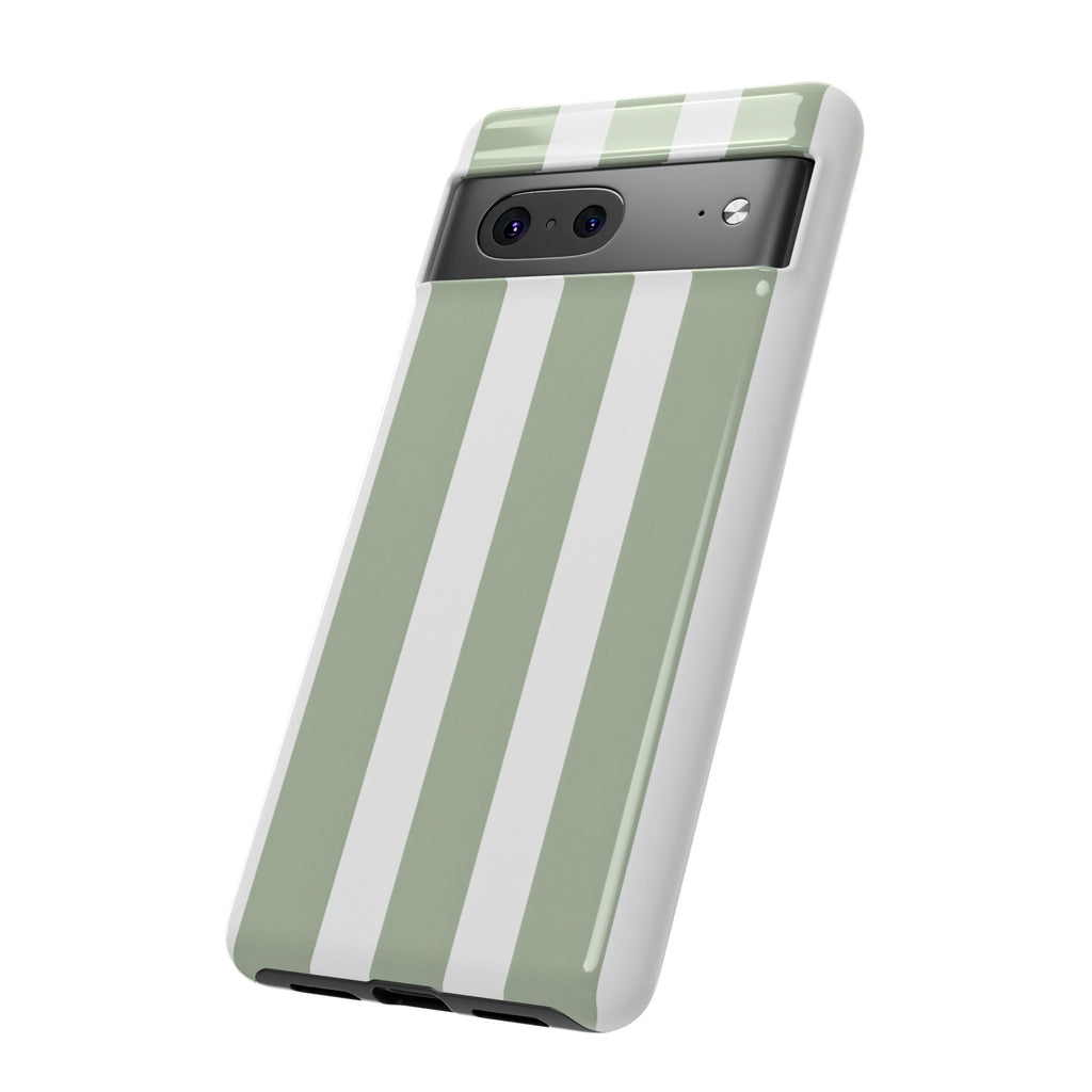 Striped Sage Tough Phone Case — Durable Green & White Vertical Stripe Phone Cover
