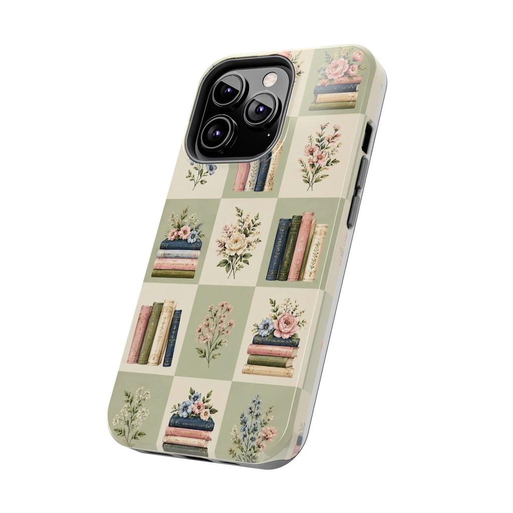 Floral Bookshelf Tough Phone Case — Vintage Floral & Stacked Books Pattern