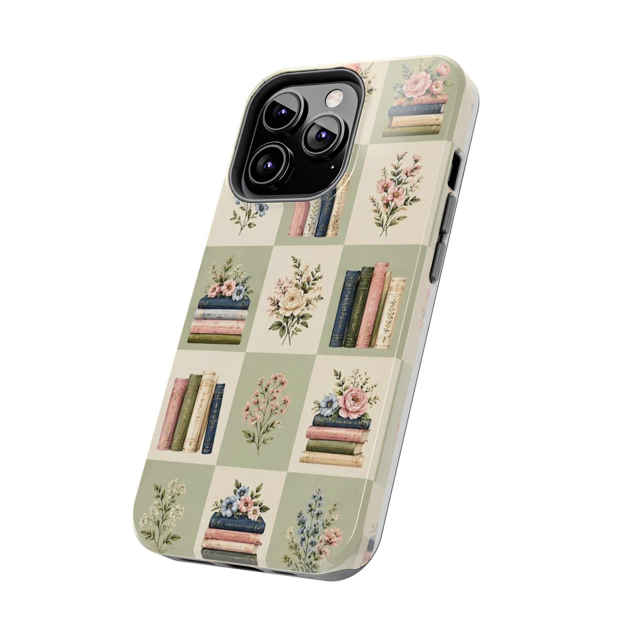 Floral Bookshelf Tough Phone Case — Vintage Floral & Stacked Books Pattern