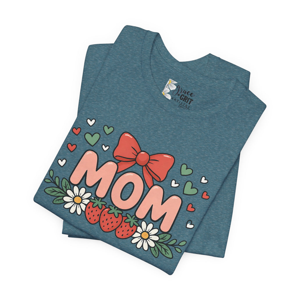 Mom Floral Bow T‑Shirt — Cute Strawberry & Daisy Mother's Day Tee