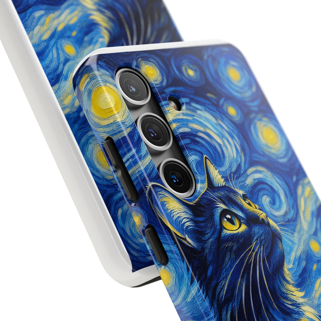 Starry Night Cat Tough Phone Case — Van Gogh Style Galaxy Kitten Protective Cover