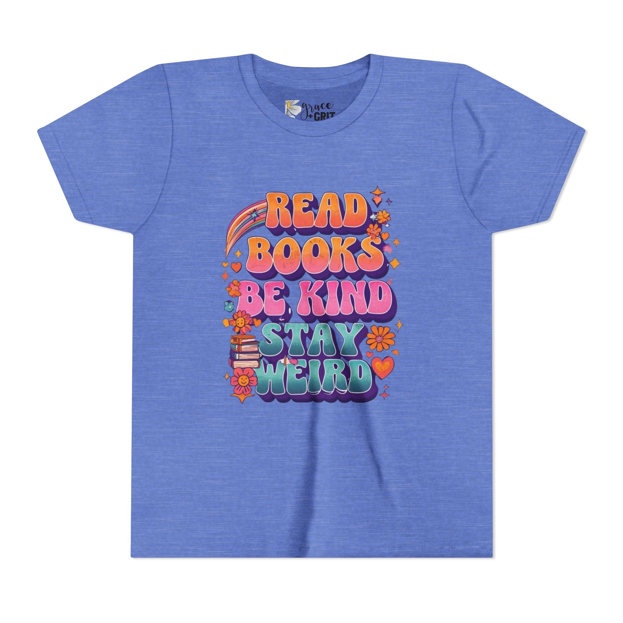 Youth Tee — "Read Books Be Kind Stay Weird" Retro Kids Graphic Shirt