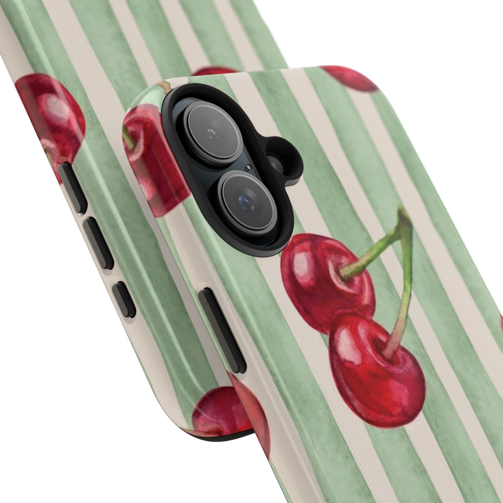 Cherry Stripe Tough Phone Case — Retro Watercolor Cherry Pattern Durable Phone Case