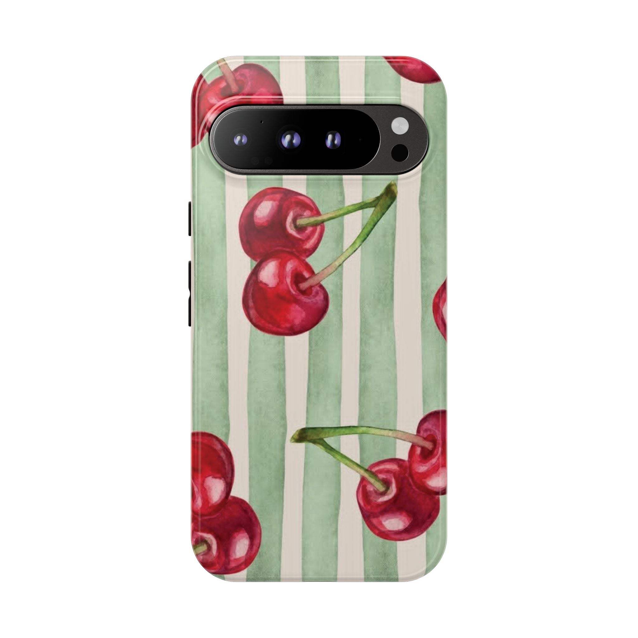Cherry Stripe Phone Case – Retro Watercolor Cherries on Mint Stripes