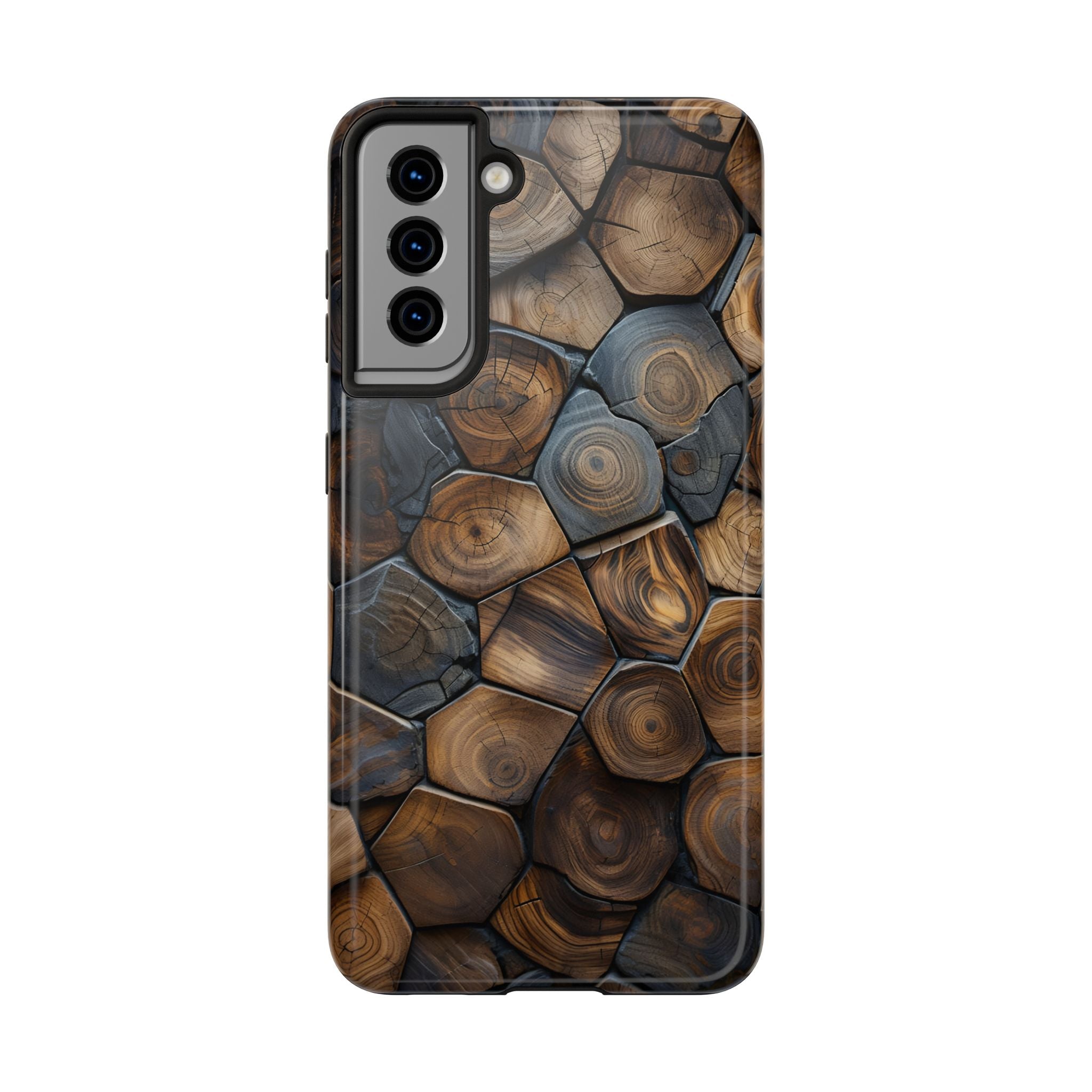 Woodgrain Hex Pattern Tough Phone Case — Rustic Log Cross-Section Design