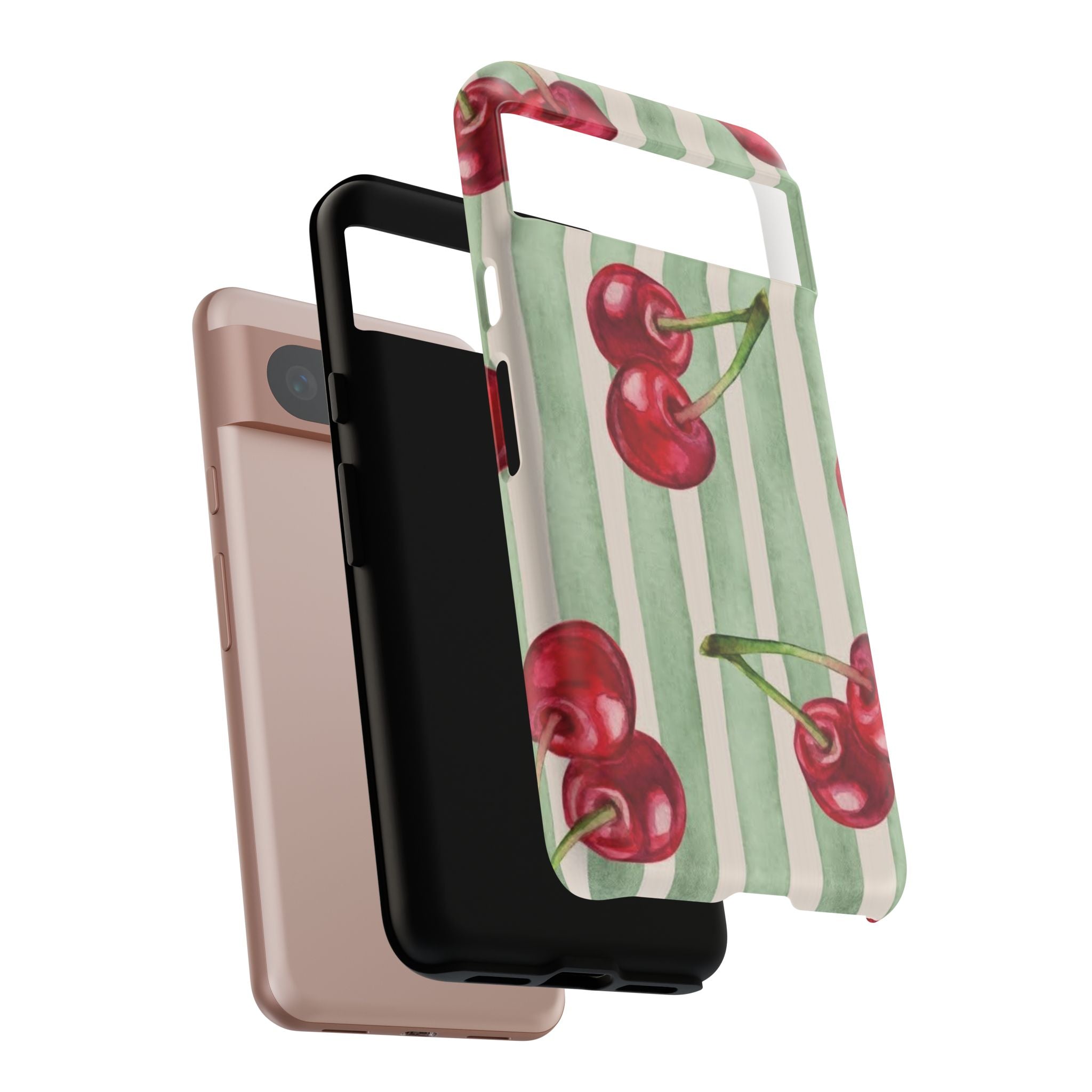 Cherry Stripe Phone Case – Retro Watercolor Cherries on Mint Stripes