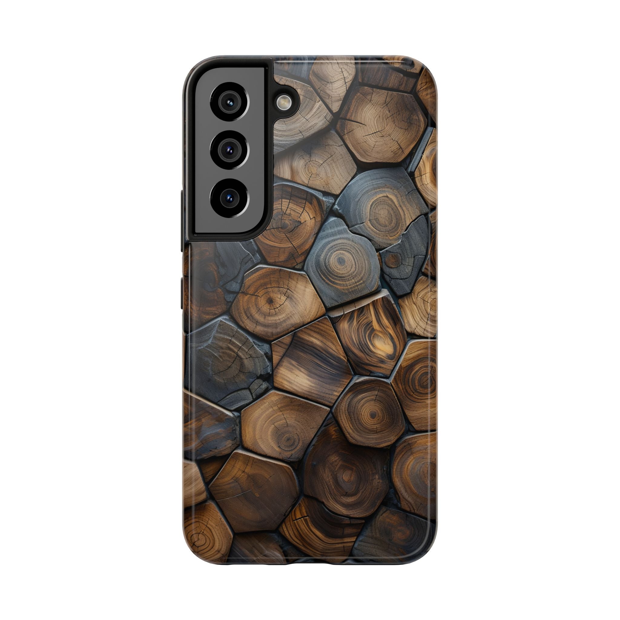 Woodgrain Hex Pattern Tough Phone Case — Rustic Log Cross-Section Design