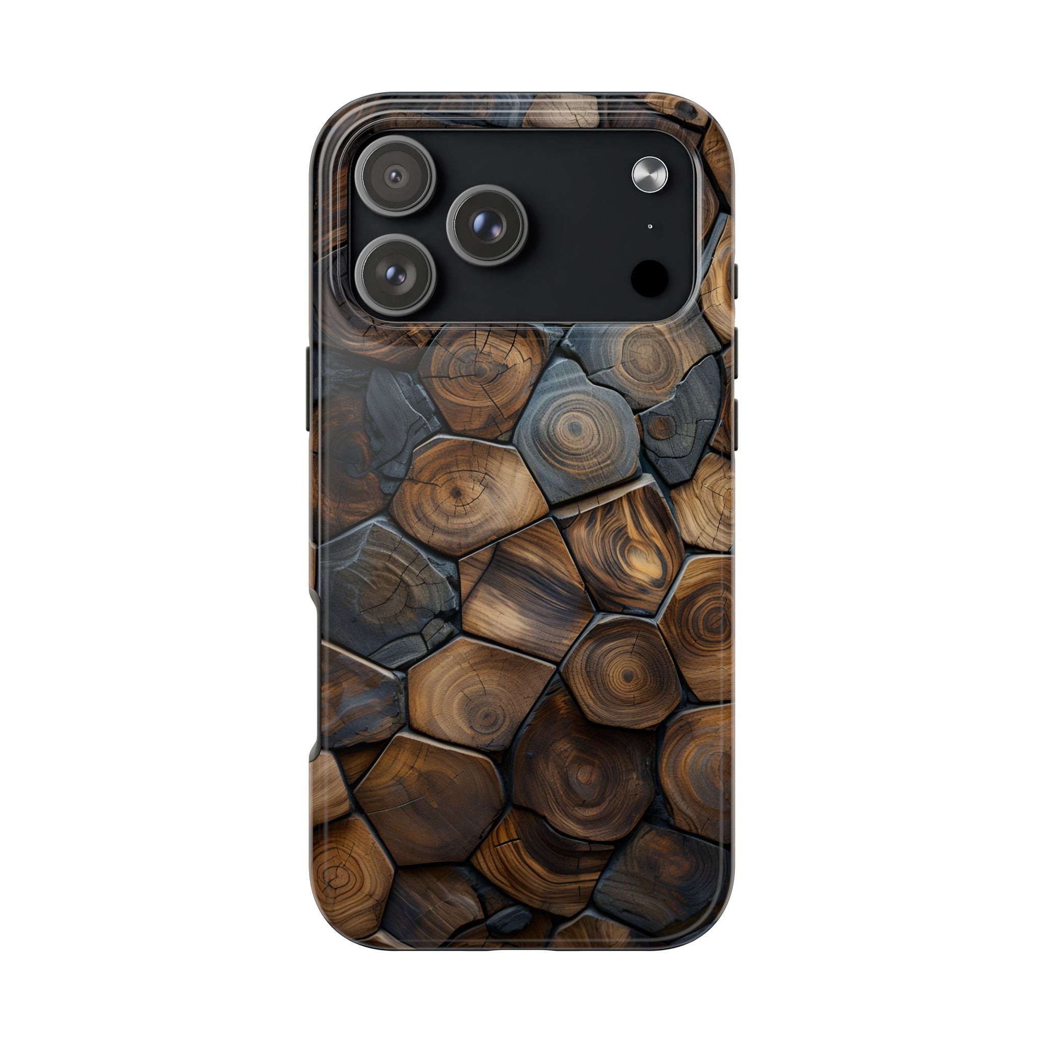 Woodgrain Hex Pattern Tough Phone Case — Rustic Log Cross-Section Design