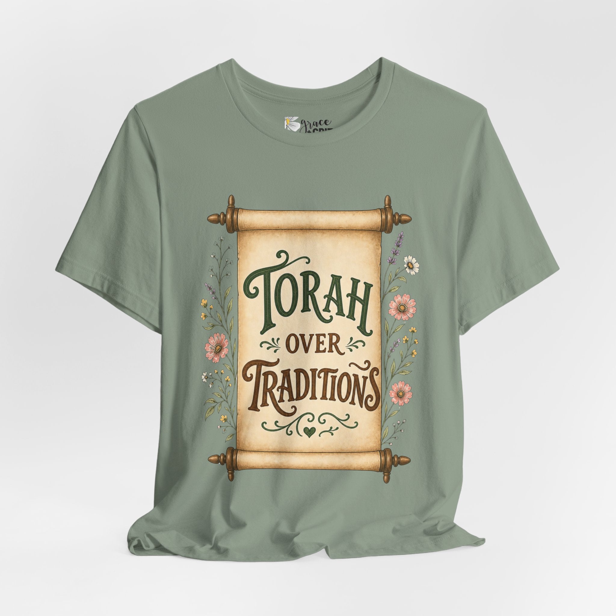 Torah Over Traditions T-Shirt — Vintage Scroll Floral Jewish Pride Tee