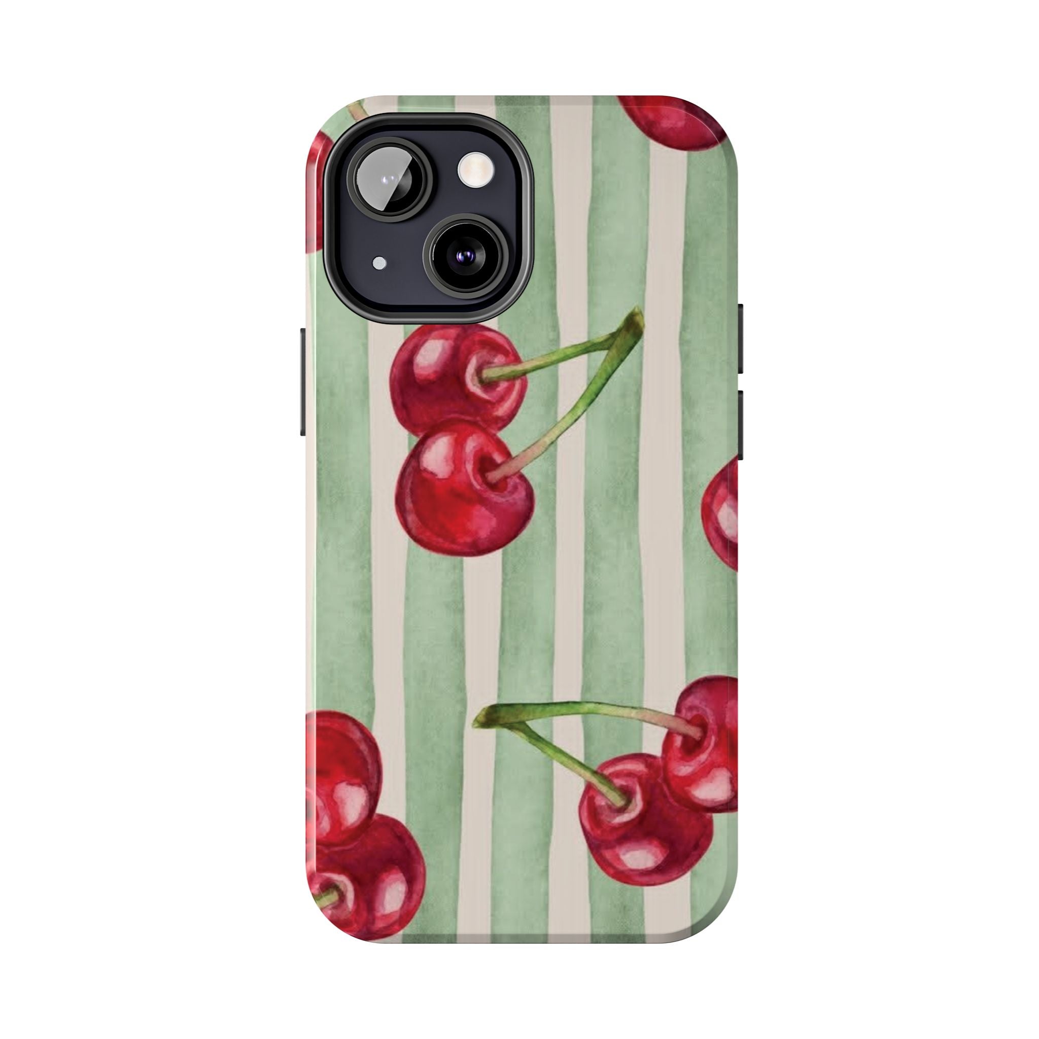 Cherry Stripe Tough Phone Case — Retro Watercolor Cherry Pattern Durable Phone Case