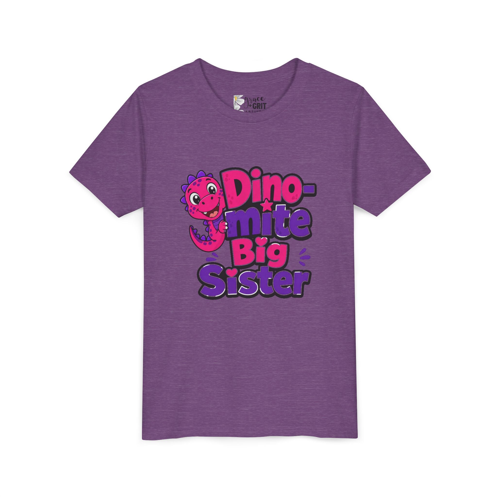Dino-mite Big Sister Youth Tee — Cute Pink Dinosaur Big Sister Shirt