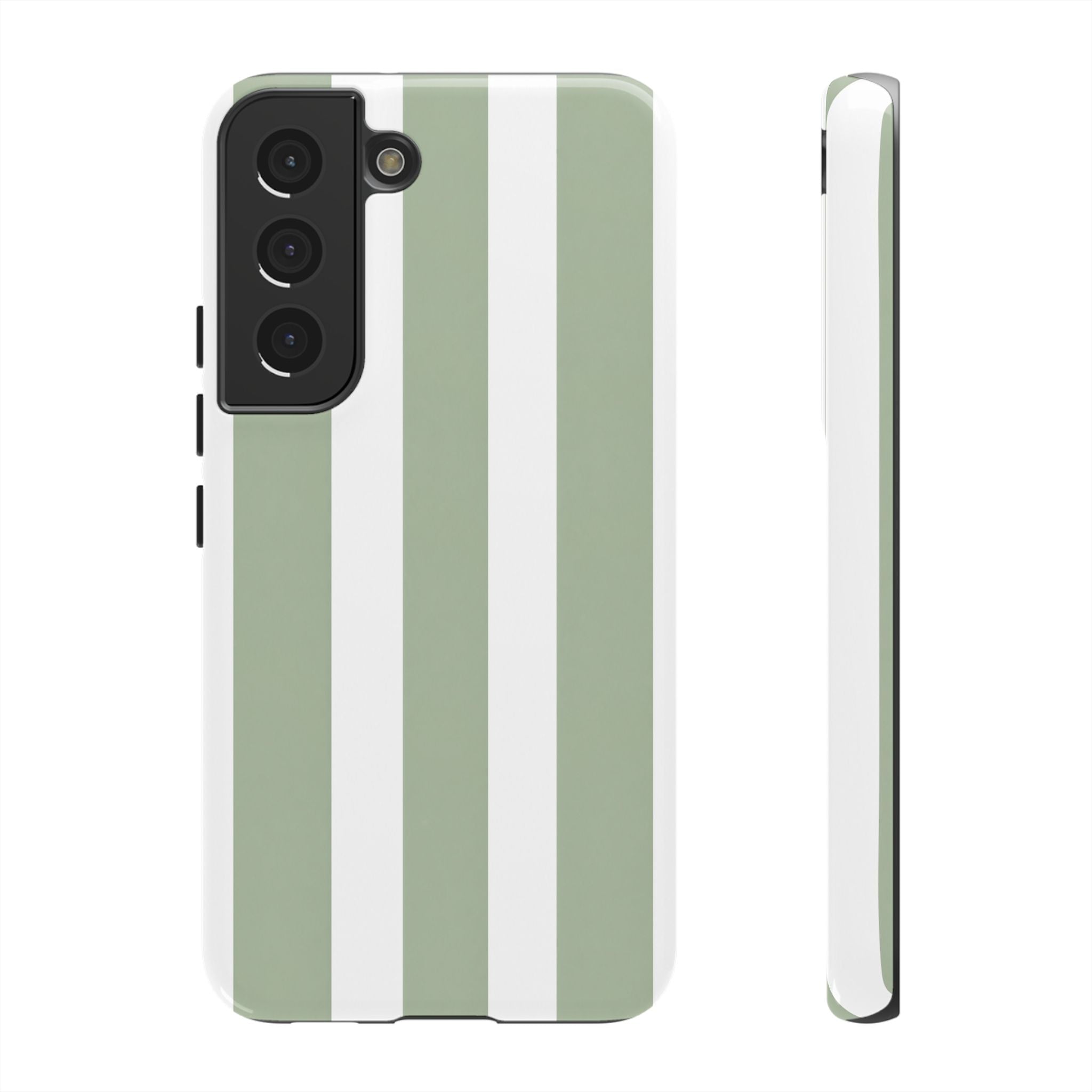 Striped Sage Tough Phone Case — Durable Green & White Vertical Stripe Phone Cover