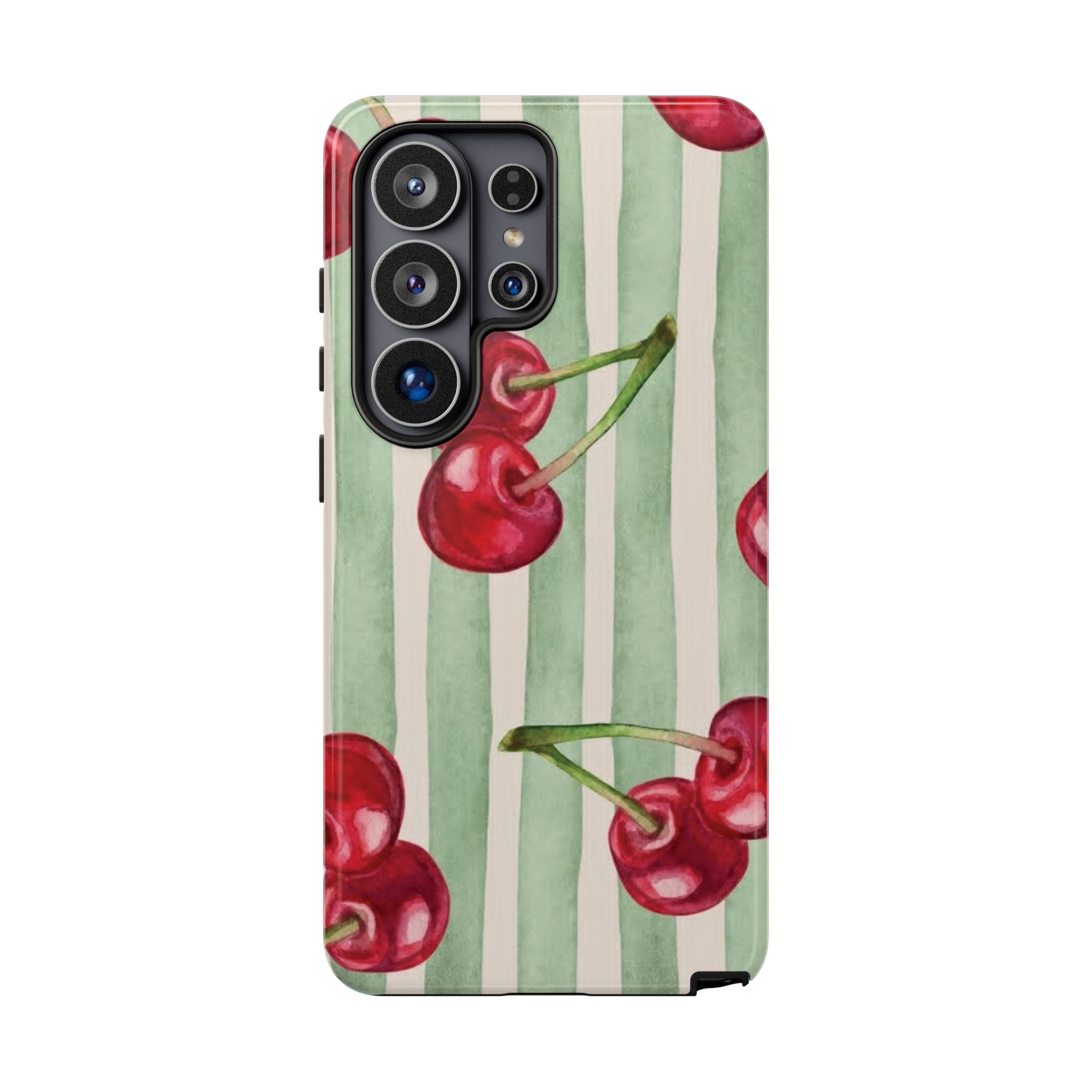 Cherry Stripe Phone Case – Retro Watercolor Cherries on Mint Stripes