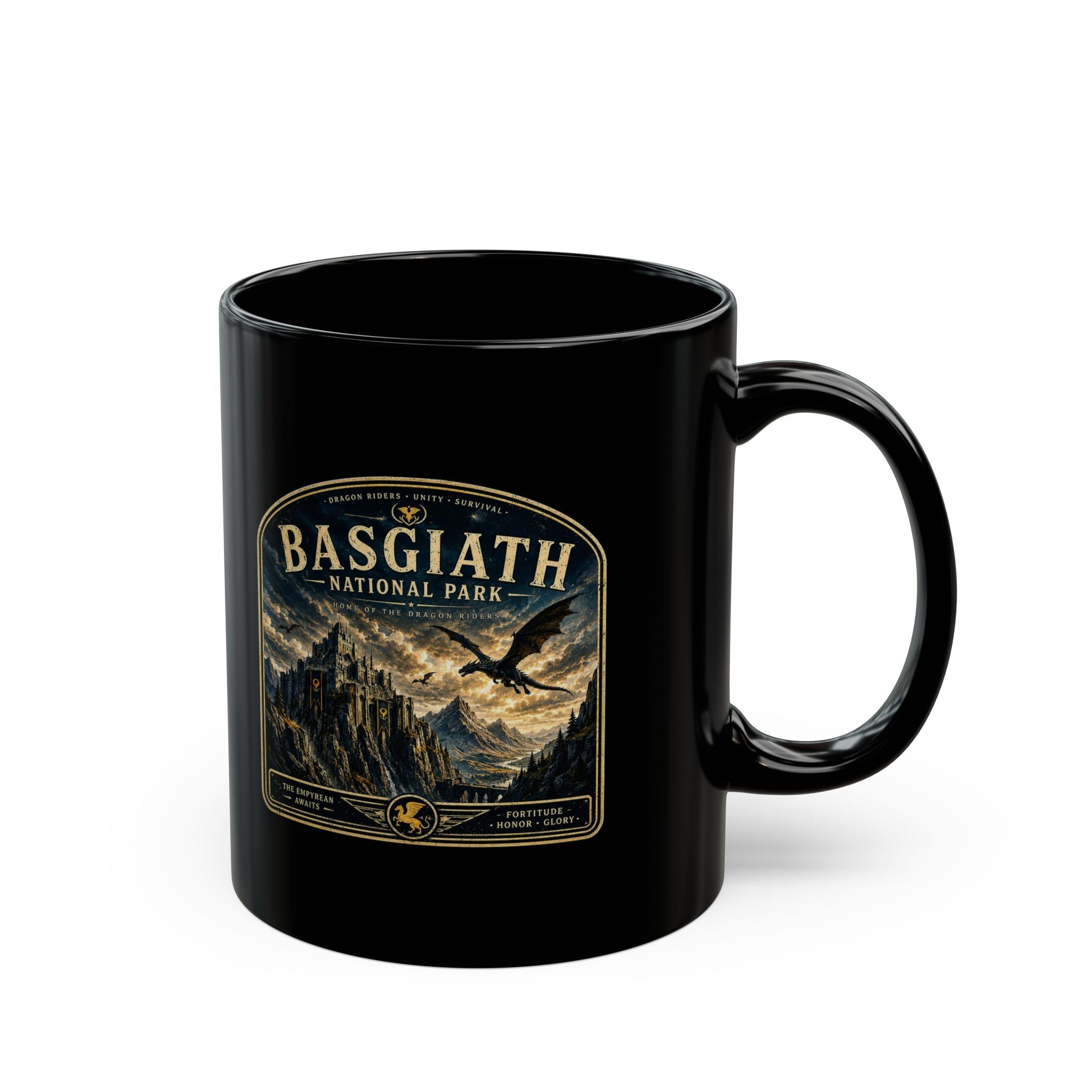 Basgiath National Park Black Mug – Vintage Mountain Landscape Coffee Cup (11oz/15oz)