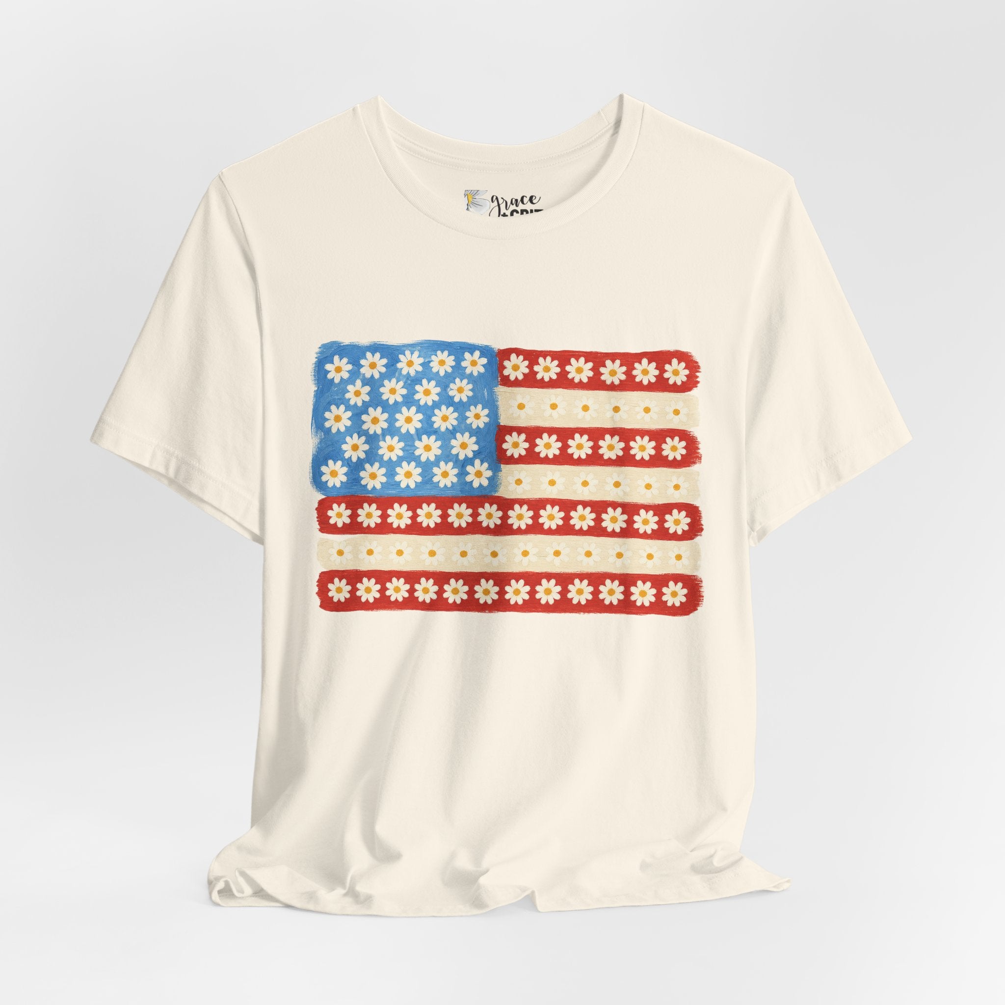 Daisy Flag T-Shirt — Retro Floral American Flag Tee for Patriotic Summer