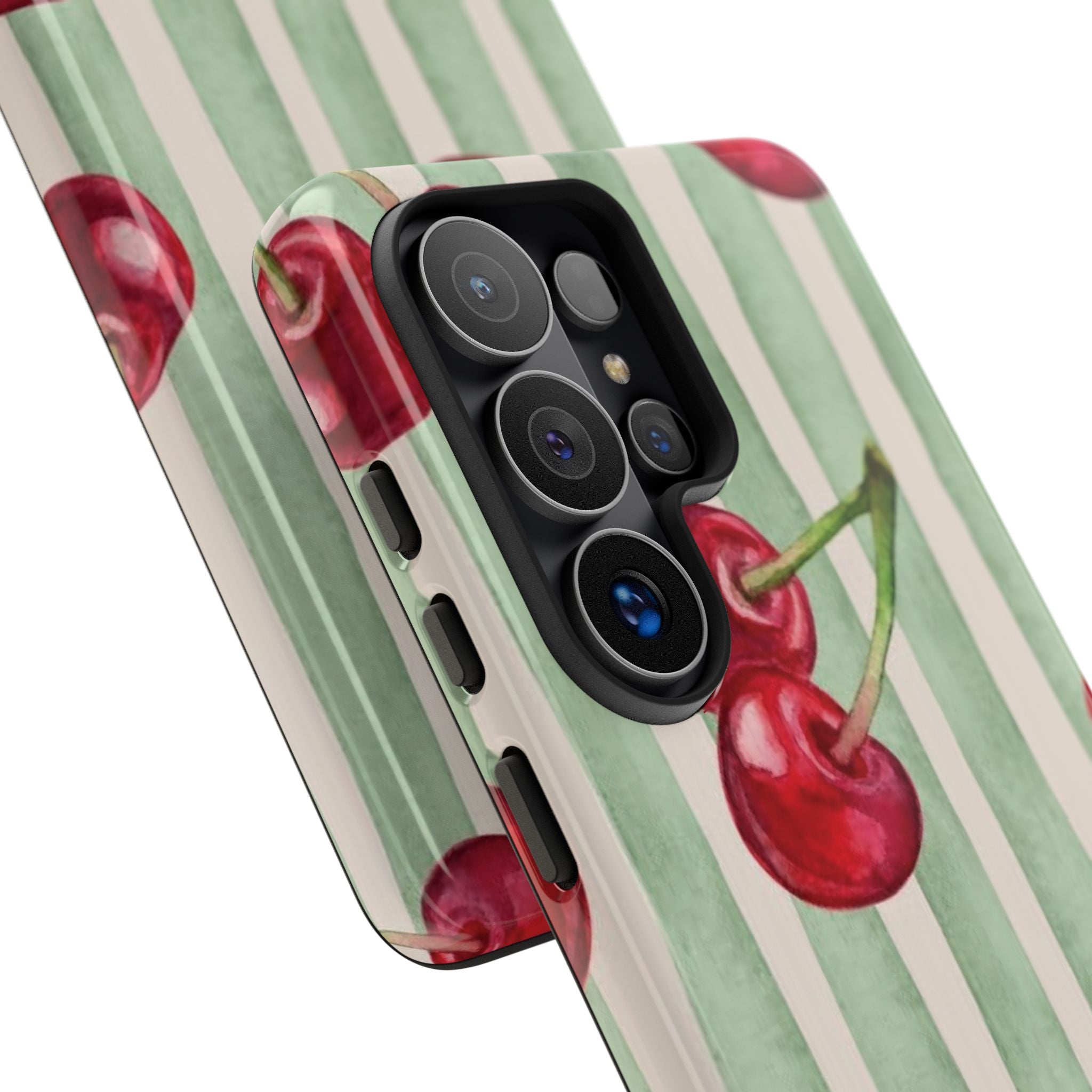 Cherry Stripe Phone Case – Retro Watercolor Cherries on Mint Stripes