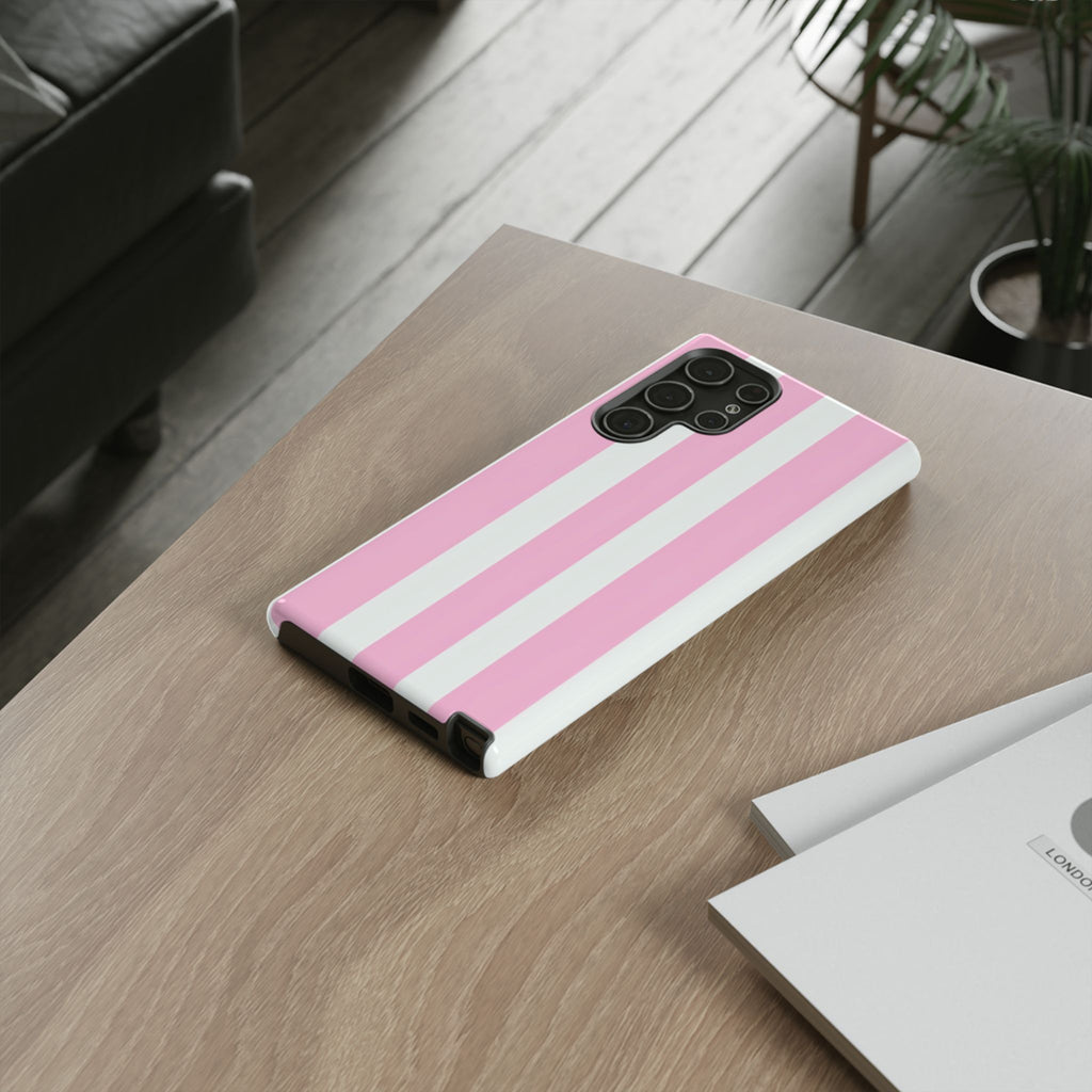 Pink & White Striped Tough Phone Case — Durable Protective Phone Cover