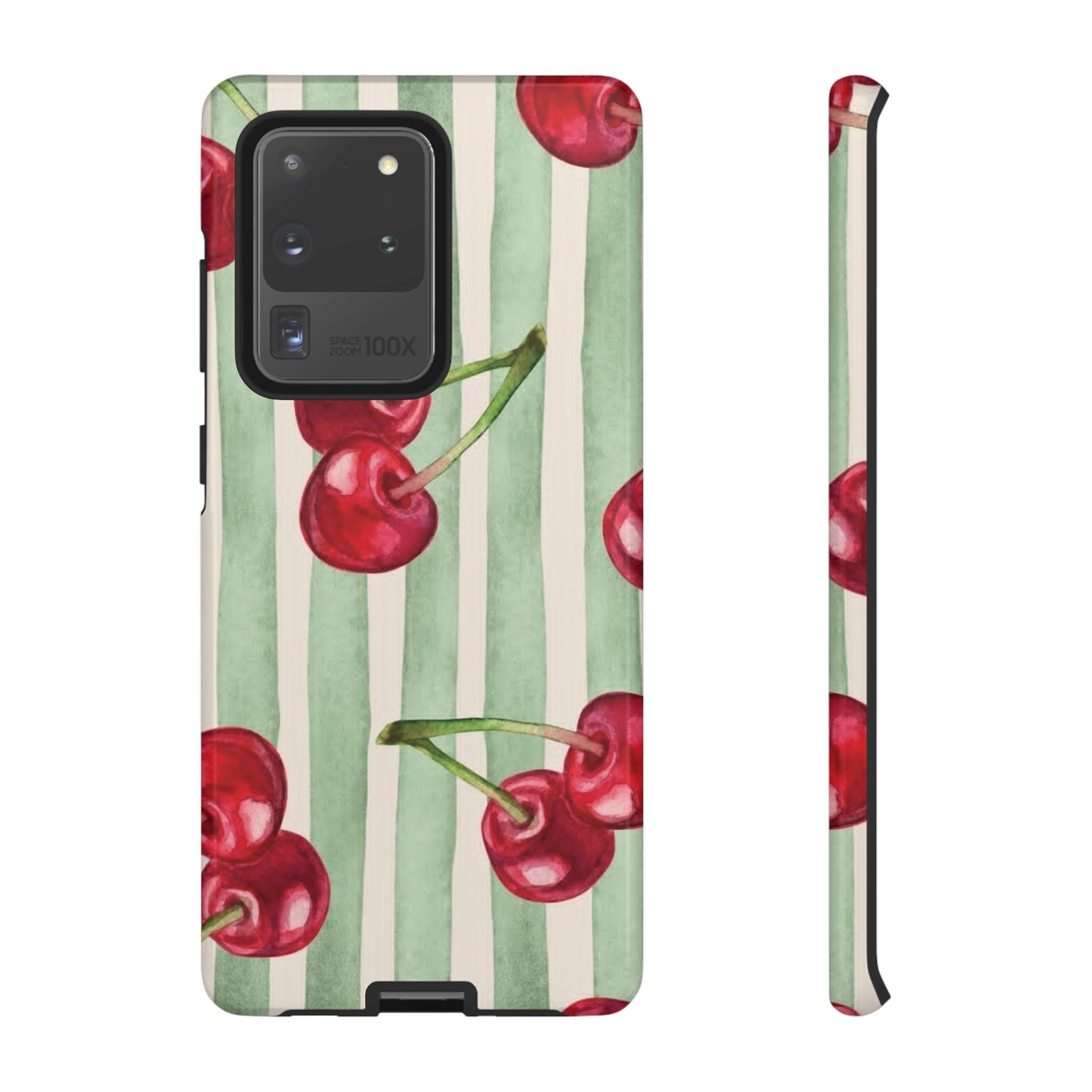 Cherry Stripe Phone Case – Retro Watercolor Cherries on Mint Stripes