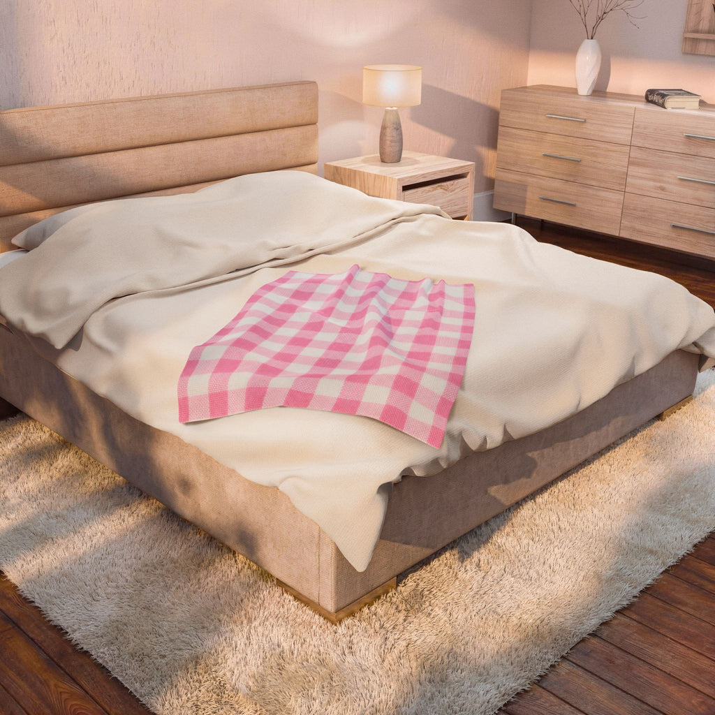 Pink Gingham Velveteen Plush Blanket — Soft Cozy Throw for Nursery, Baby Shower & Home