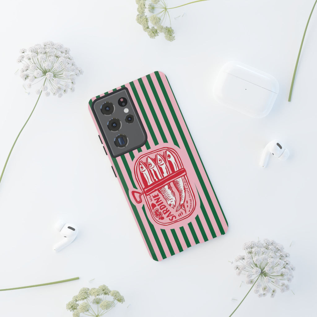 Sardine Stripe Phone Case — Retro Pink & Green Nautical Protection