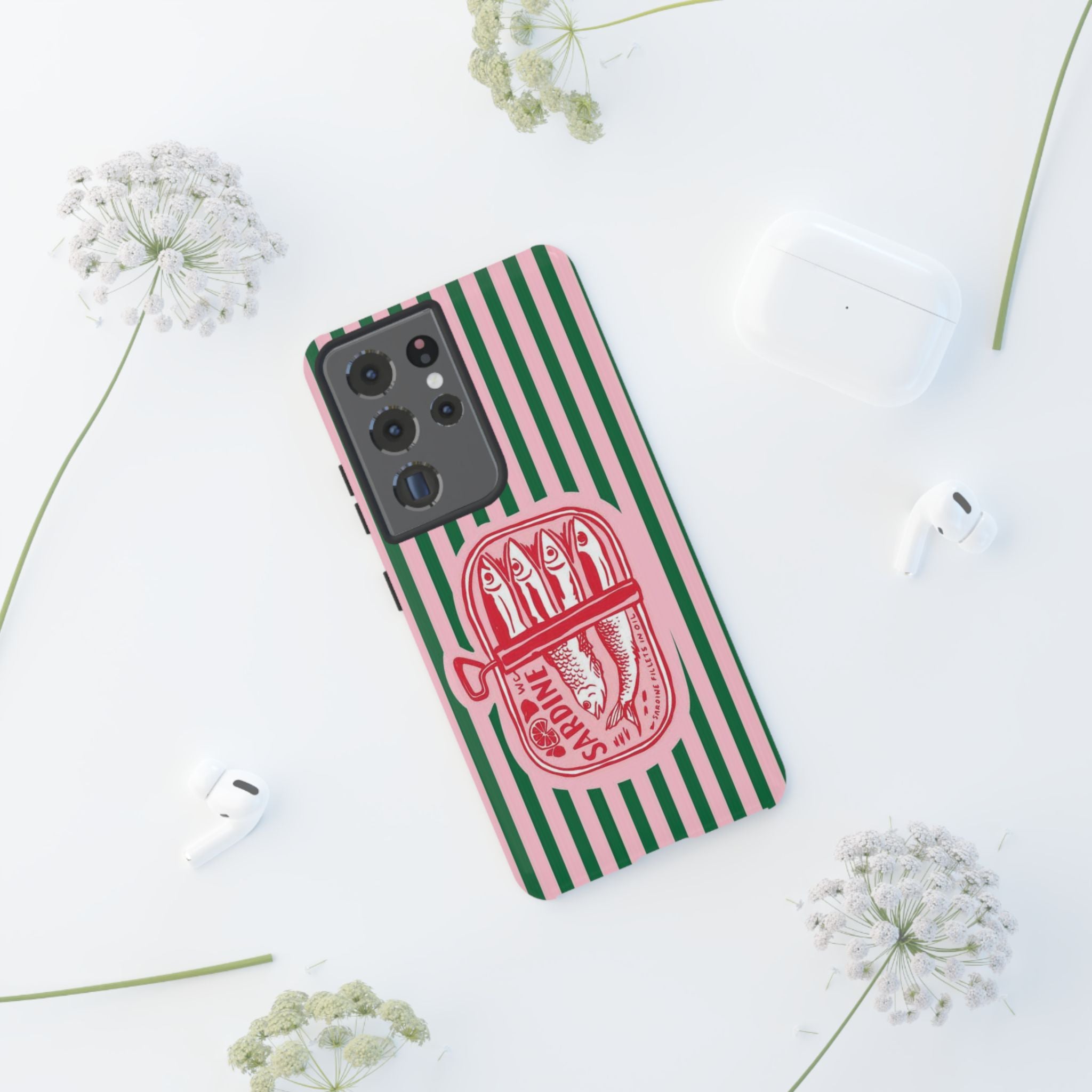 Sardine Stripe Phone Case — Retro Pink & Green Nautical Protection