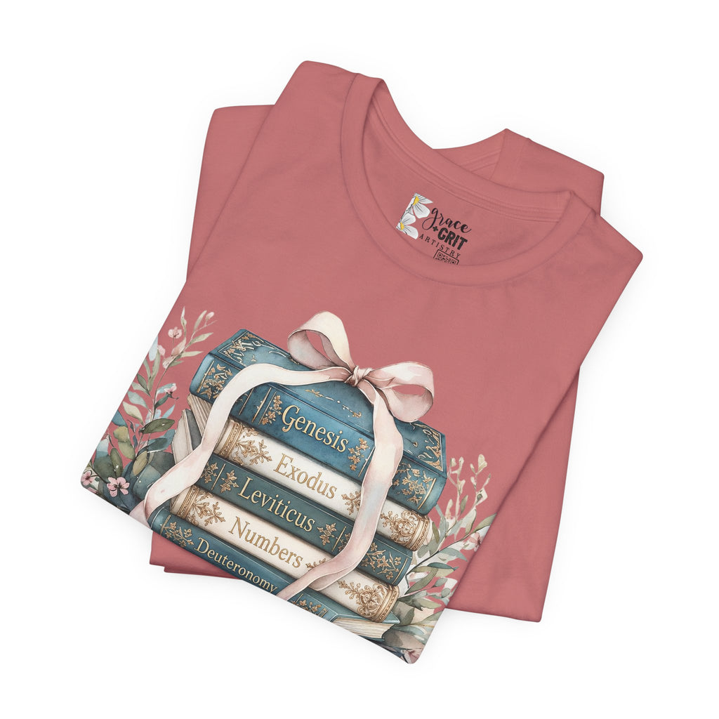 Biblical Books Stack T‑Shirt — Genesis Exodus Leviticus Numbers Design