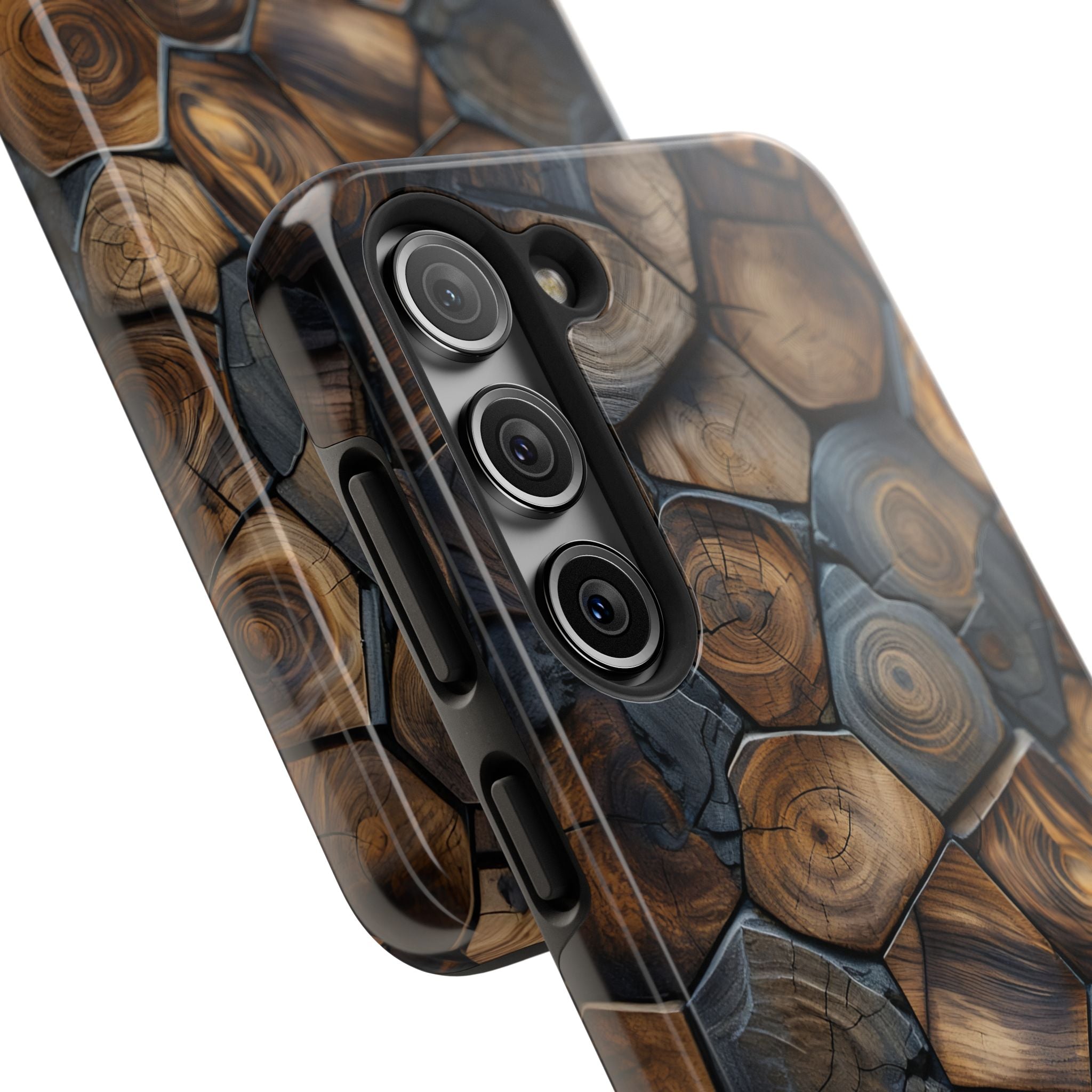 Woodgrain Hex Pattern Tough Phone Case — Rustic Log Cross-Section Design