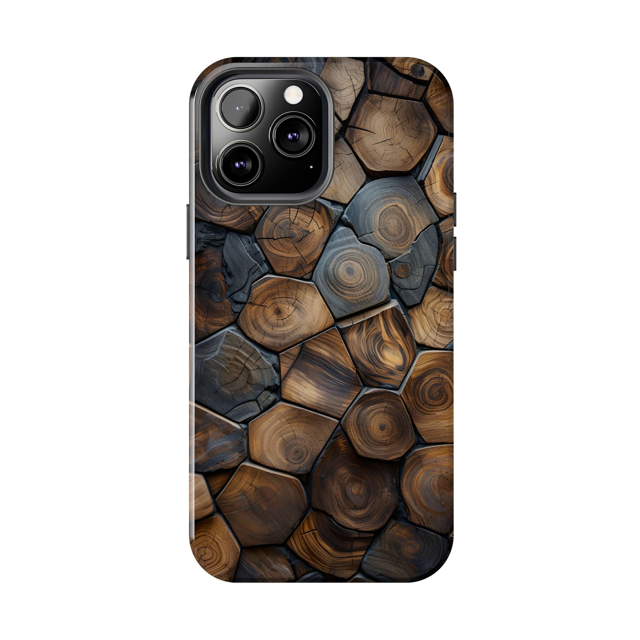 Woodgrain Hex Pattern Tough Phone Case — Rustic Log Cross-Section Design