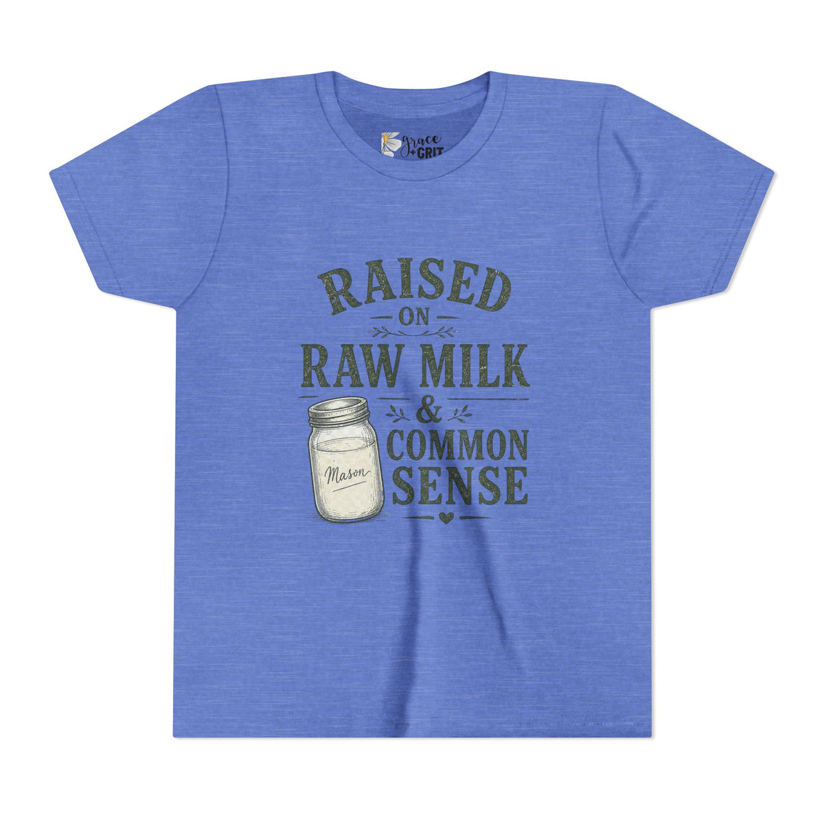 Youth Tee — "Raised on Raw Milk & Common Sense" Vintage Farm Kid Shirt