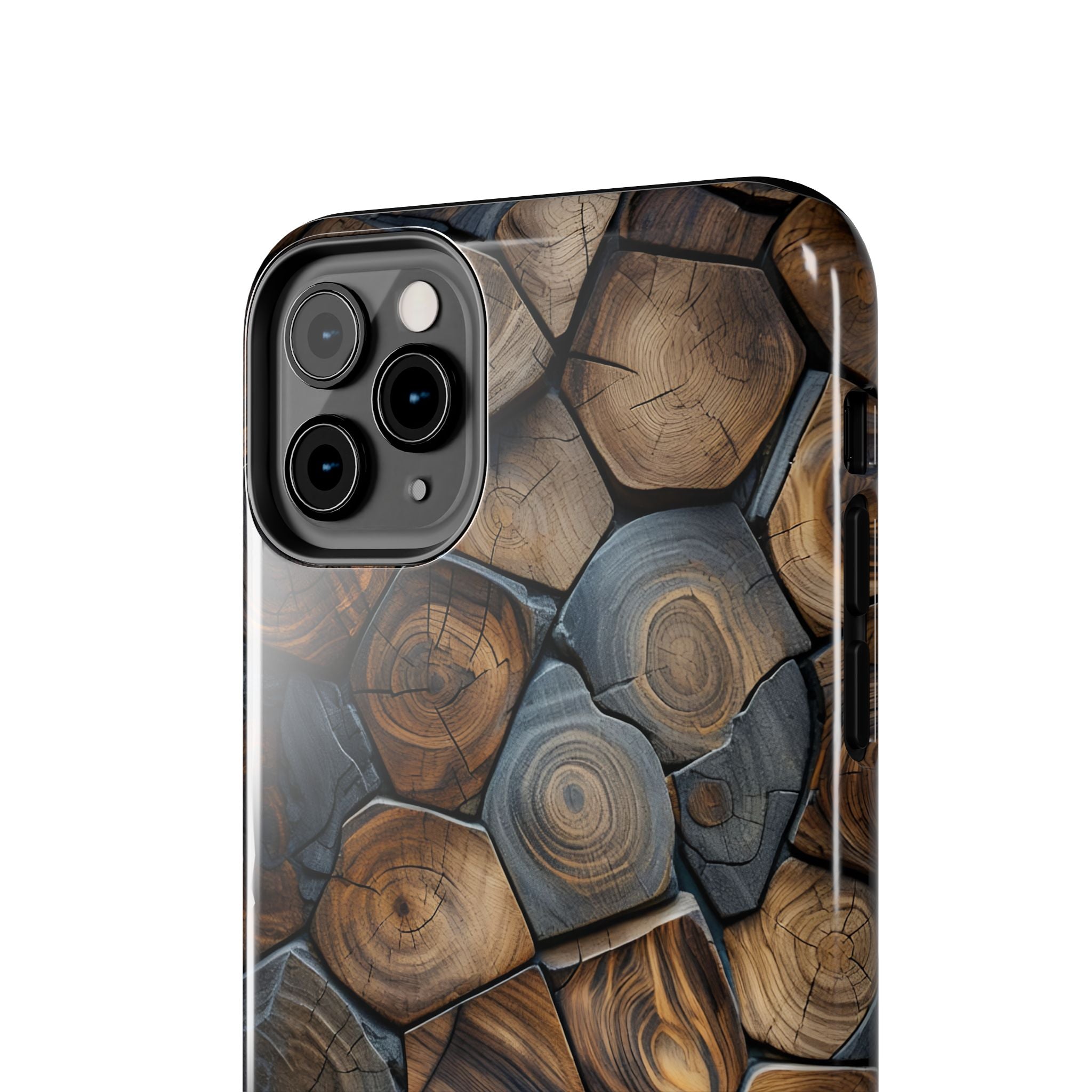 Woodgrain Hex Pattern Tough Phone Case — Rustic Log Cross-Section Design
