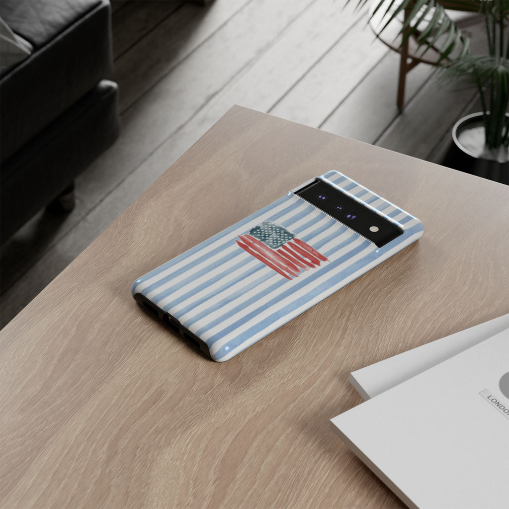 American Flag Watercolor Phone Case - Blue Stripe Tough Case