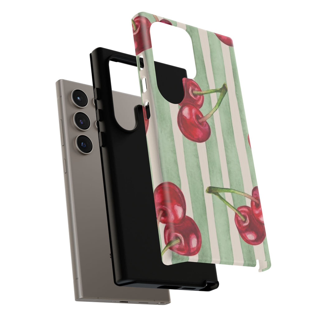 Cherry Stripe Phone Case – Retro Watercolor Cherries on Mint Stripes