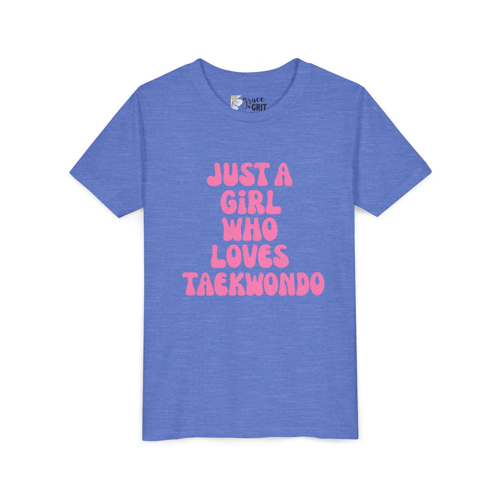 Just a Girl Who Loves Taekwondo Youth Tee | Pink Text Martial Arts Shirt