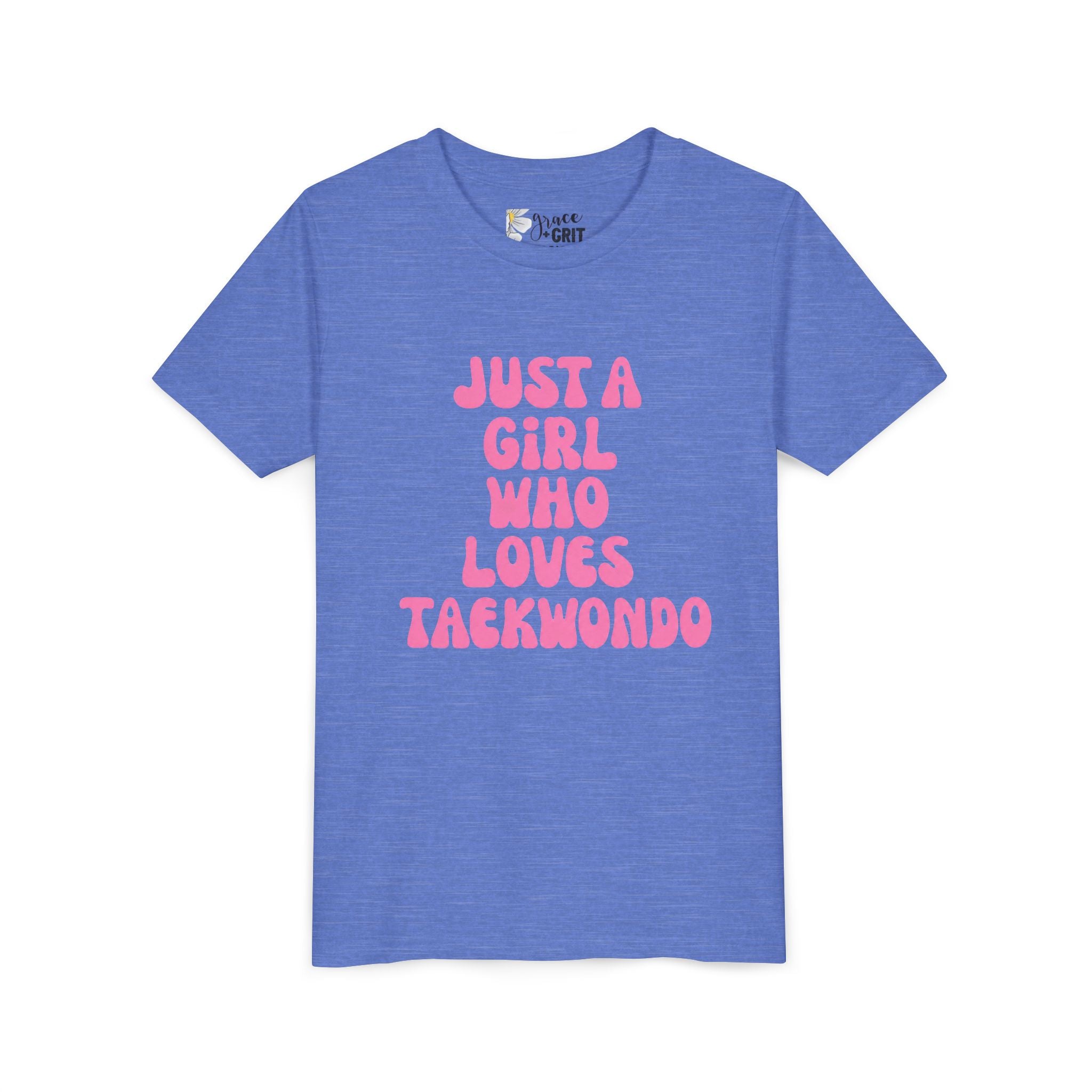 Just a Girl Who Loves Taekwondo Youth Tee | Pink Text Martial Arts Shirt