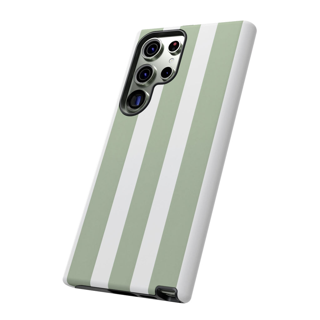 Striped Sage Tough Phone Case — Durable Green & White Vertical Stripe Phone Cover