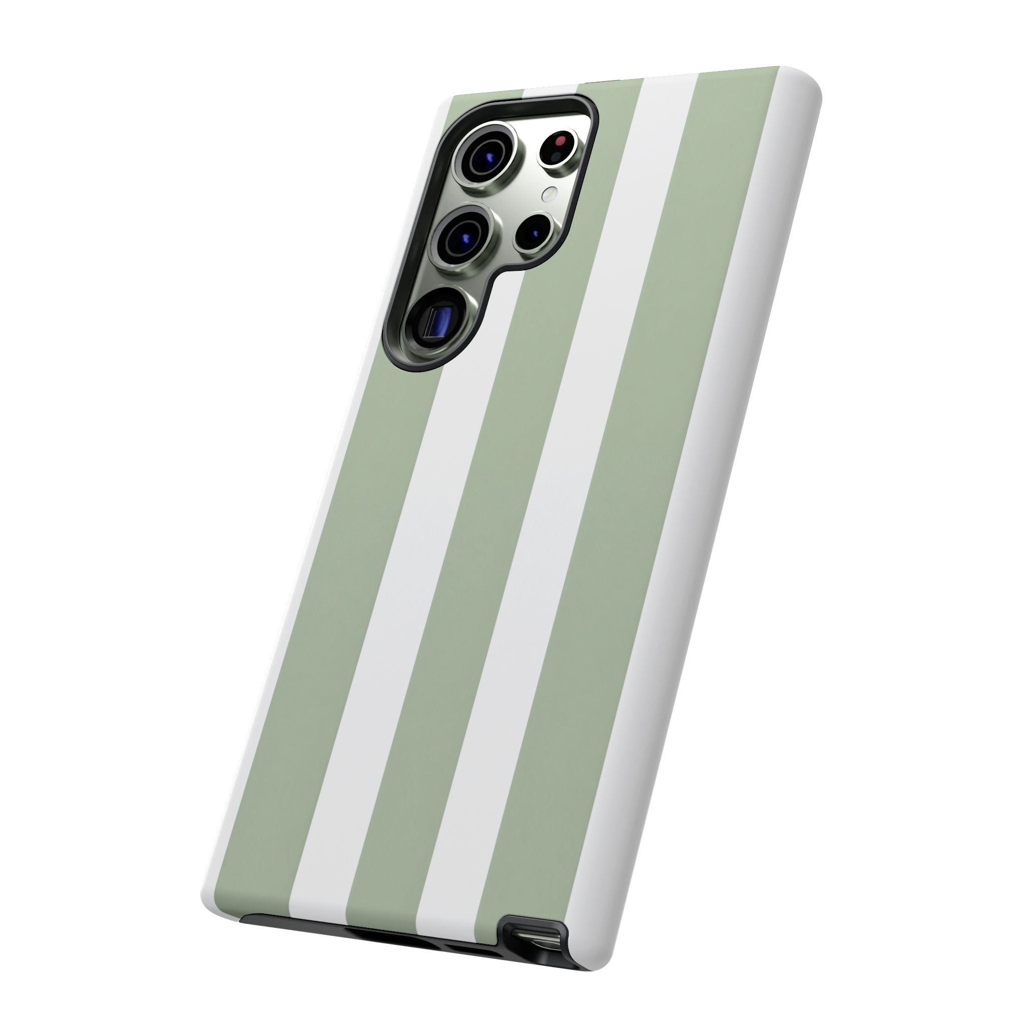 Striped Sage Tough Phone Case — Durable Green & White Vertical Stripe Phone Cover