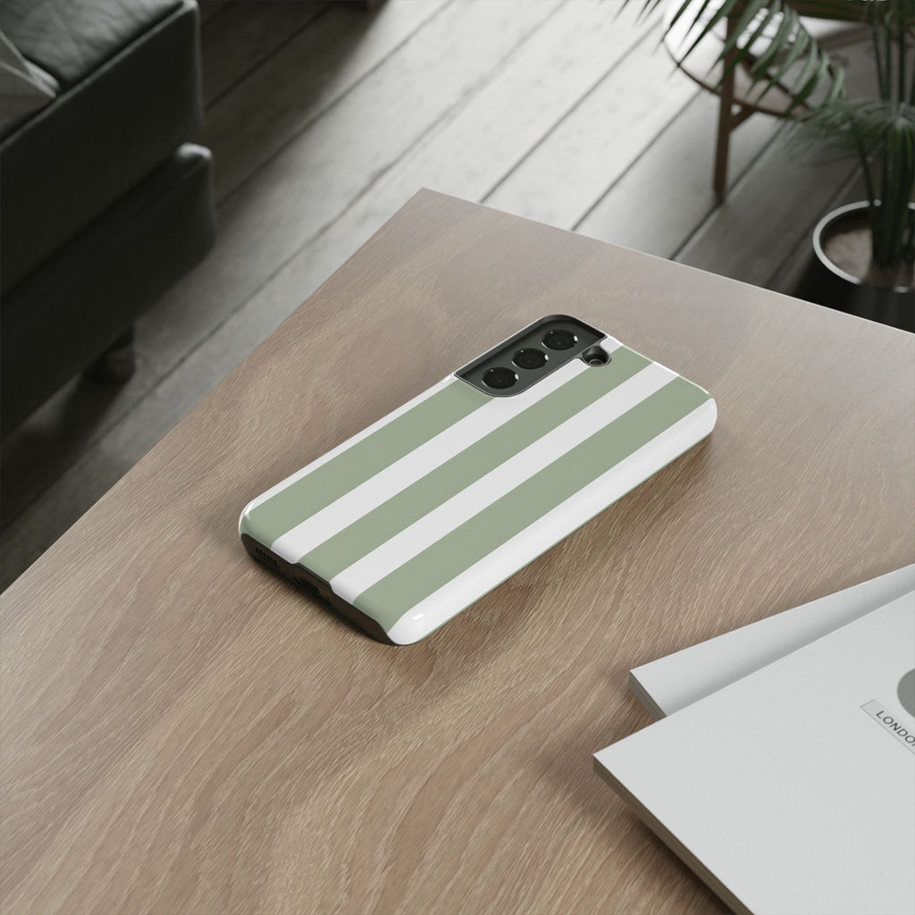 Striped Sage Tough Phone Case — Durable Green & White Vertical Stripe Phone Cover