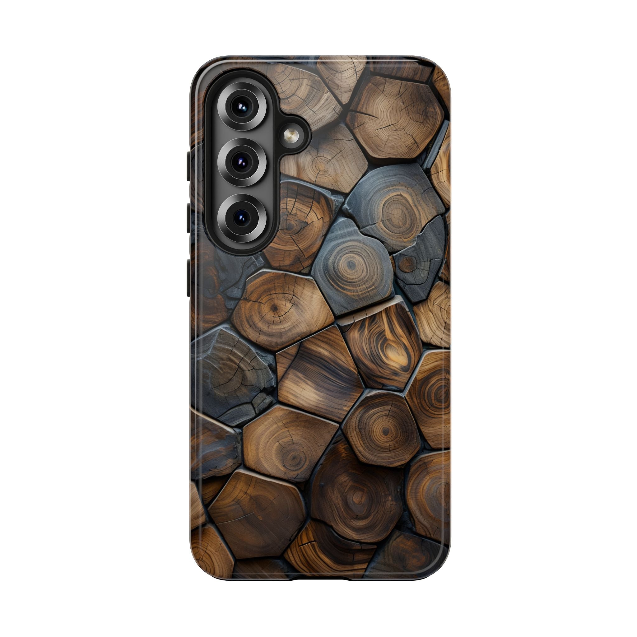 Woodgrain Hex Pattern Tough Phone Case — Rustic Log Cross-Section Design