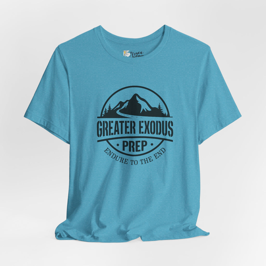 Greater Exodus Prep T-Shirt — Mountain Logo “Endure to the End” Adventure Tee