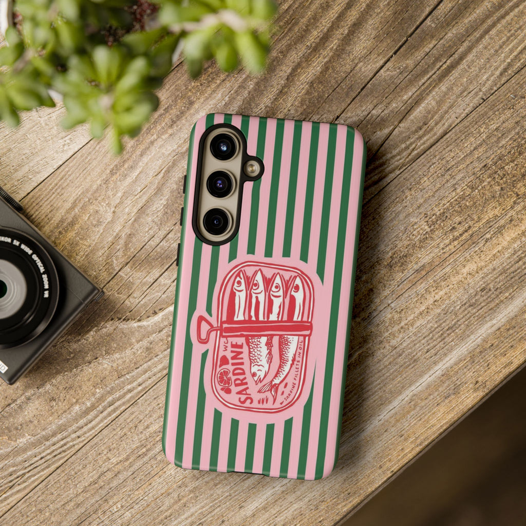 Sardine Stripe Phone Case — Retro Pink & Green Nautical Protection