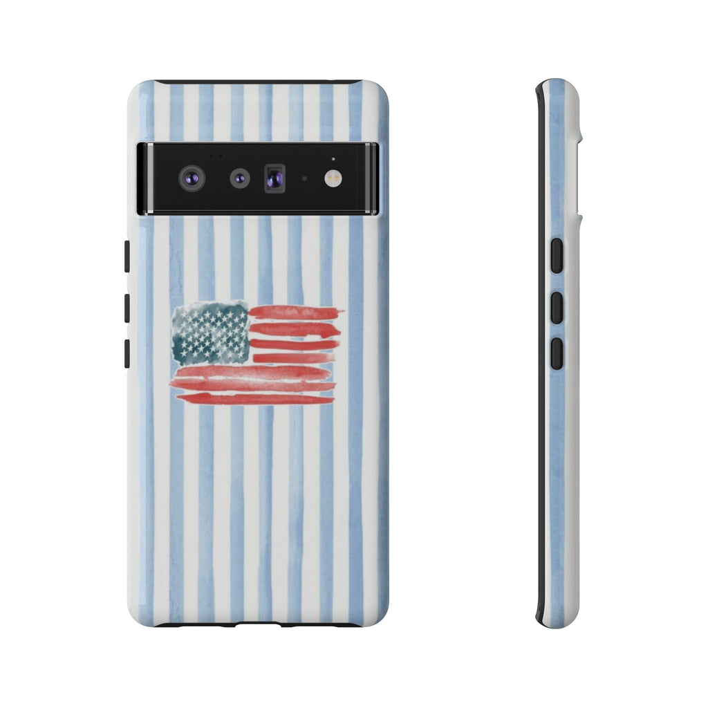 American Flag Watercolor Phone Case - Blue Stripe Tough Case