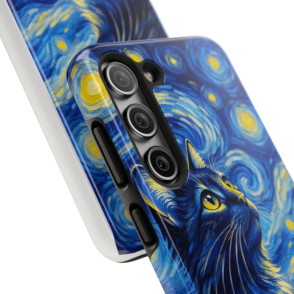 Starry Night Cat Tough Phone Case — Van Gogh Style Galaxy Kitten Protective Cover