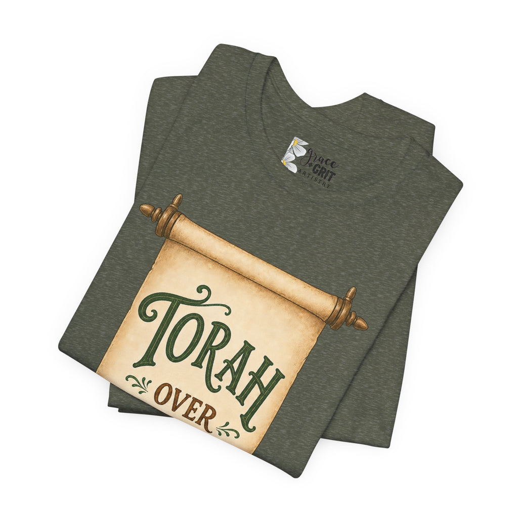 Torah Over Traditions Tee | Scroll Typography Jewish Faith Shirt