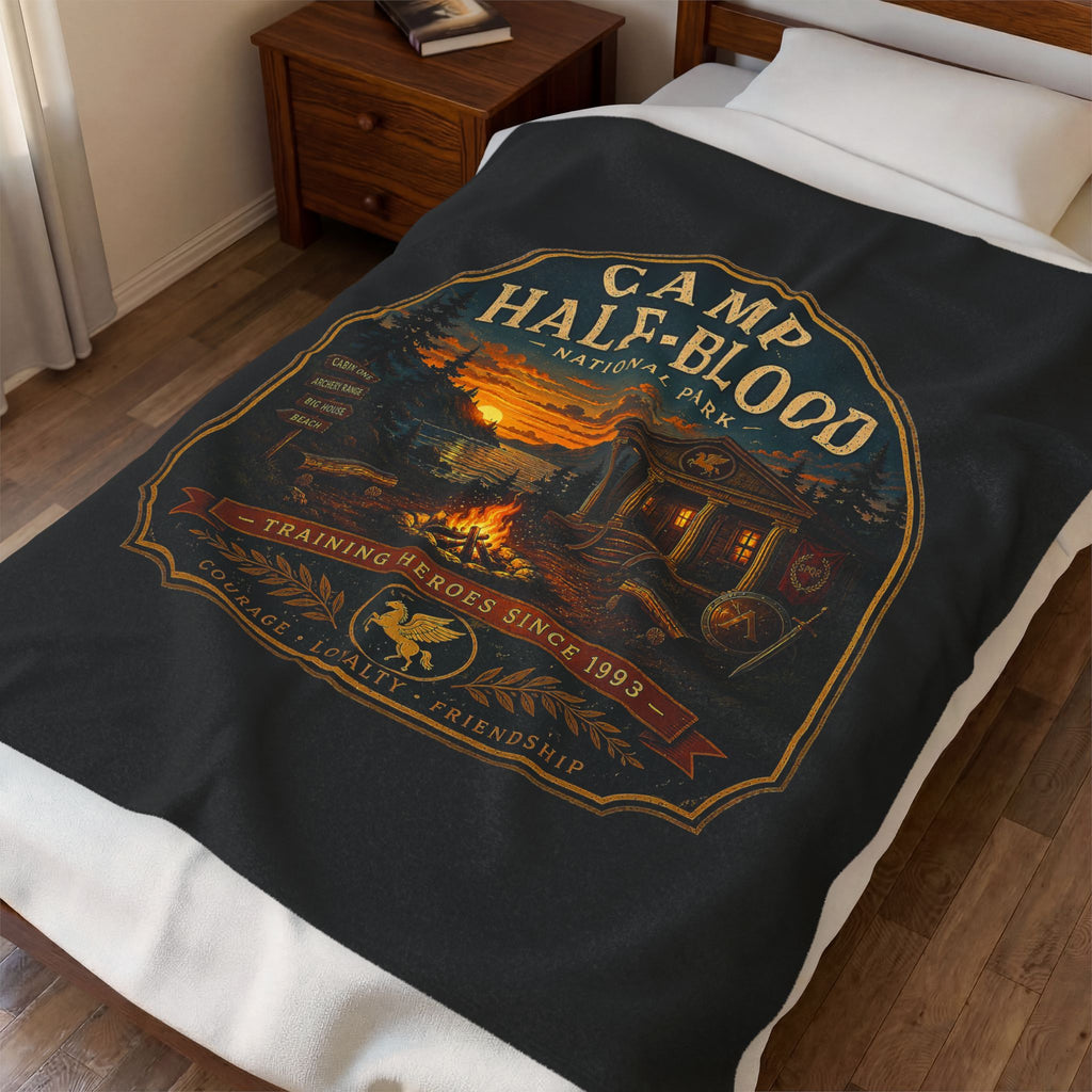 Camp Half-Blood Velveteen Plush Blanket — Campfire Logo Cozy Throw