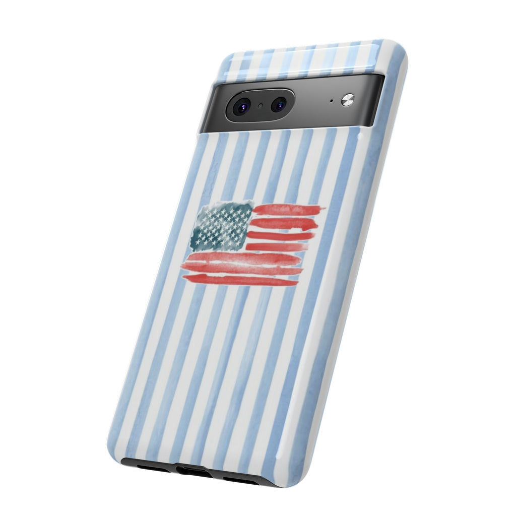 American Flag Watercolor Phone Case - Blue Stripe Tough Case