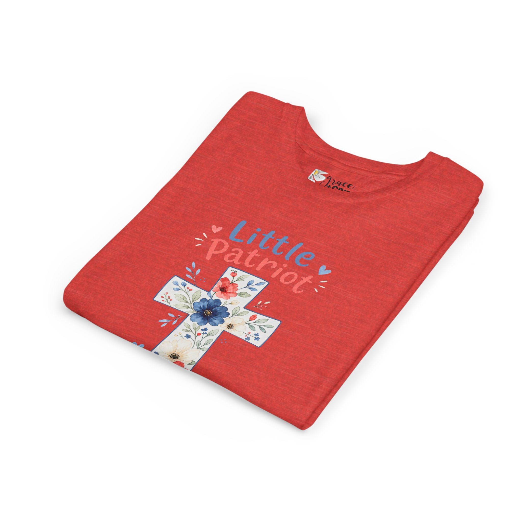 Little Patriot Big Grace Youth Tee — Floral Cross Christian Kids Shirt
