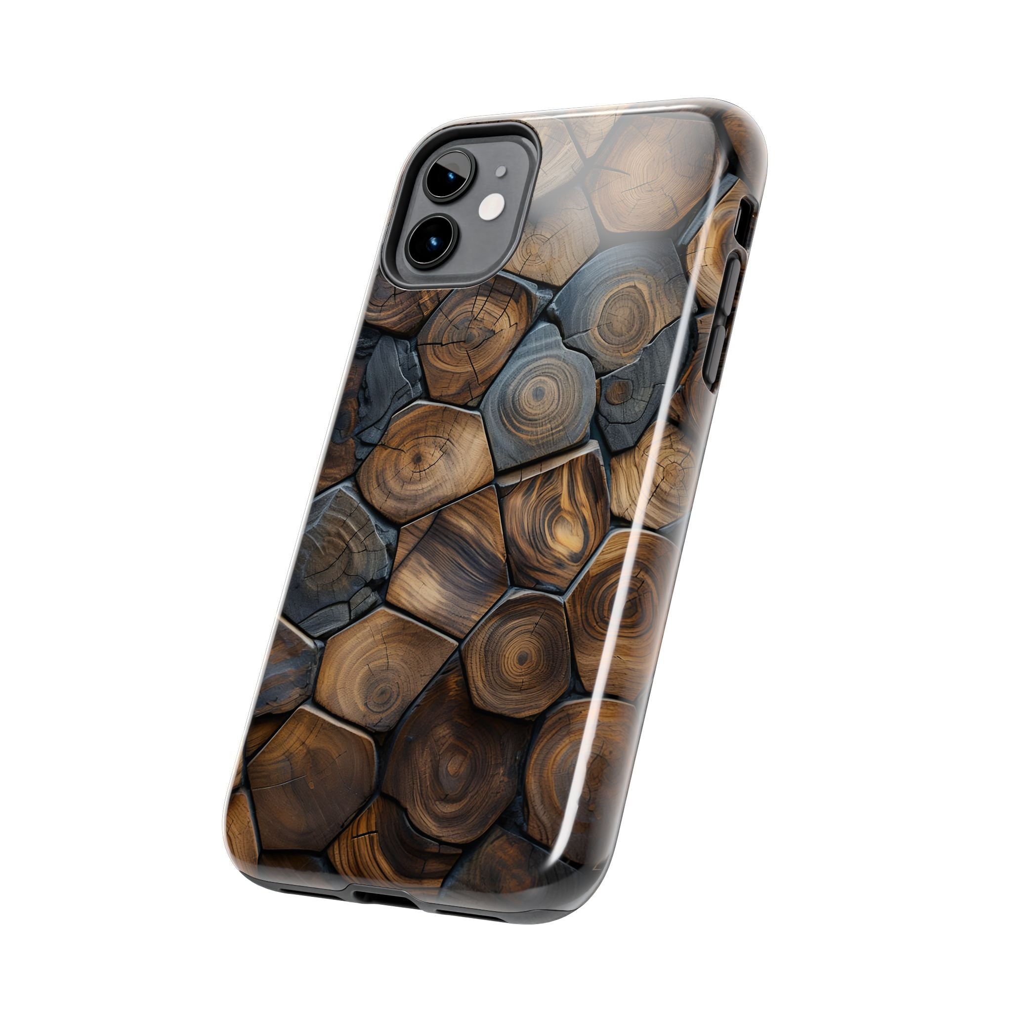 Woodgrain Hex Pattern Tough Phone Case — Rustic Log Cross-Section Design