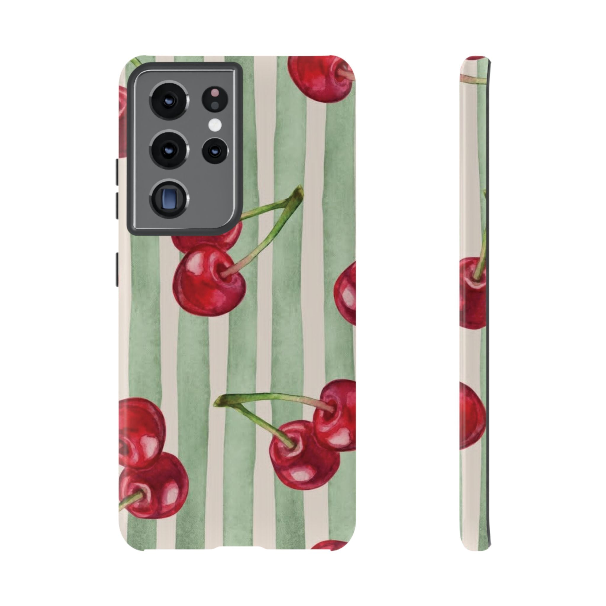 Cherry Stripe Phone Case – Retro Watercolor Cherries on Mint Stripes