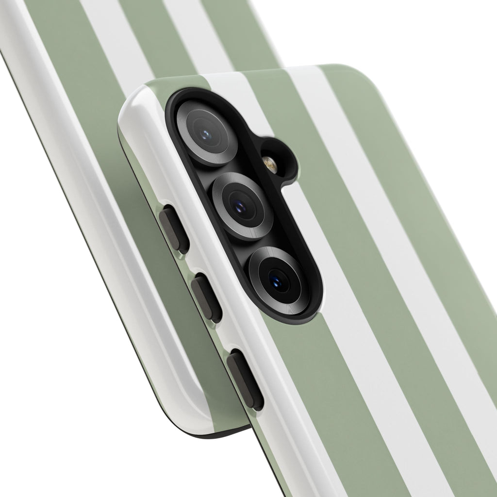 Striped Sage Tough Phone Case — Durable Green & White Vertical Stripe Phone Cover