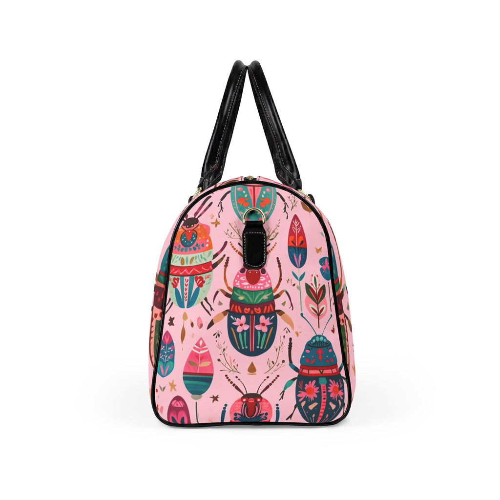Faux Leather Travel Bag – Colorful Beetle & Botanical Print Weekender